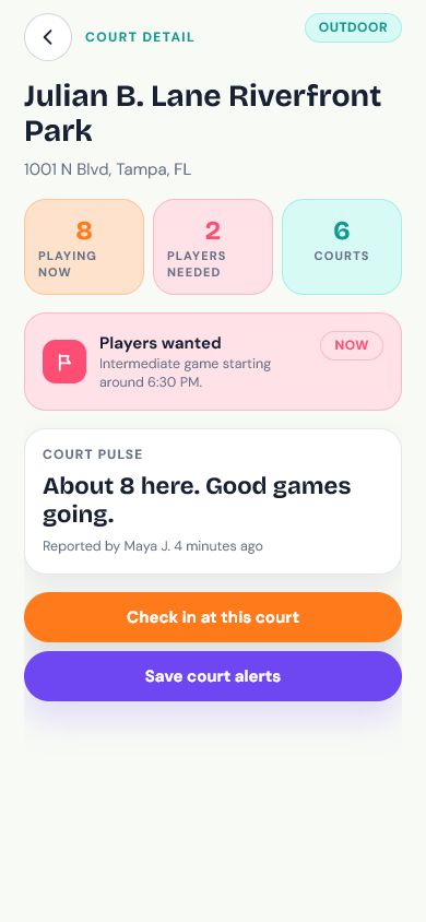 Kitchen Guru court detail showing activity, player requests, and court alerts