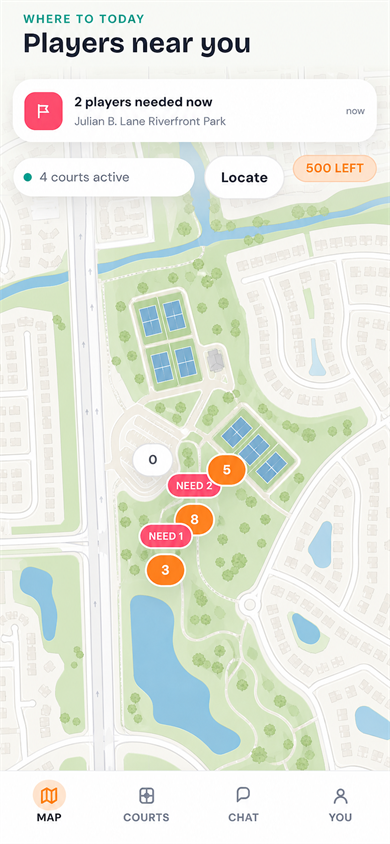 Kitchen Guru map showing active pickleball courts and player requests
