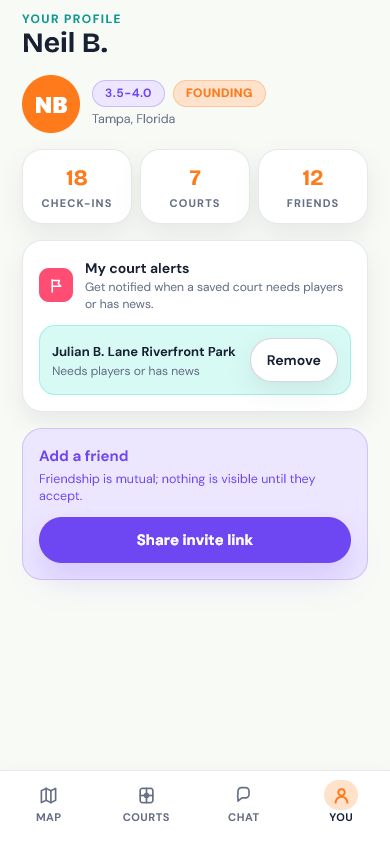 Kitchen Guru profile and court alerts screen